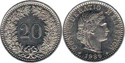 Moneda Suiza 20 rappen 1989 