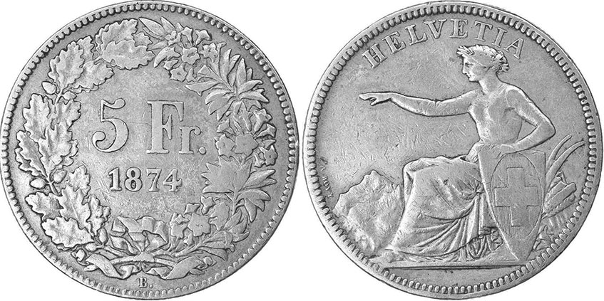 Moneda Suiza 5 franken 1874