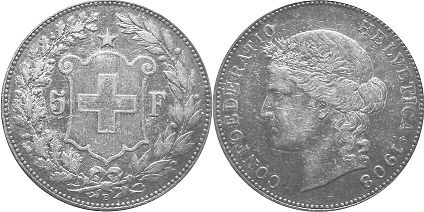 Moneda Suiza 5 franken 1908