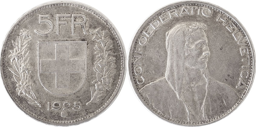 Moneda Suiza 5 franken 1925