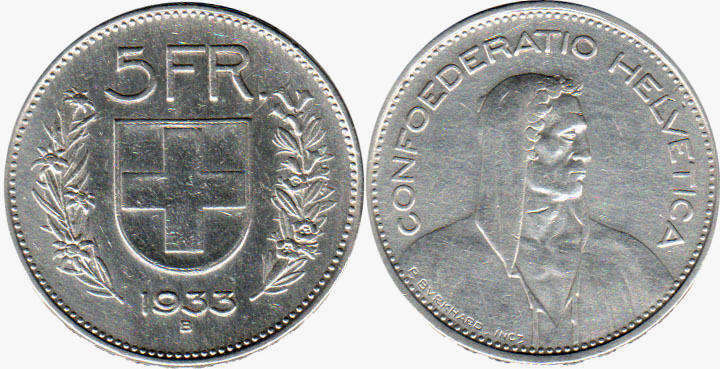 Moneda Suiza 5 franken 1933