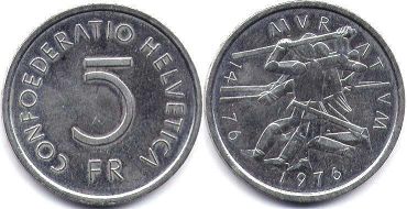 Moneda Suiza 5 franks 1976 Schlacht de Murten