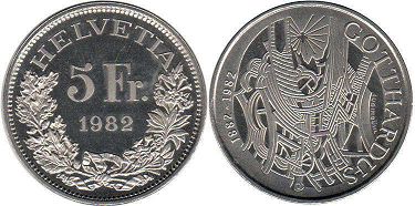 Moneda Suiza 5 frank 1982 Gotthardbahn