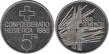 Moneda Suiza 5 frank 1986 Sempach Stadt