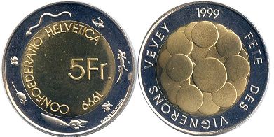 Moneda Suiza 5 franks 1999 Festival del vino en Vevey