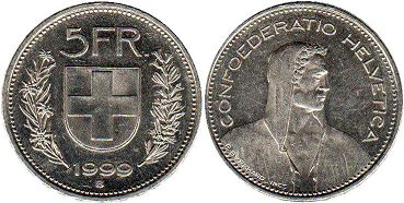 Moneda Suiza 5 franken 1999