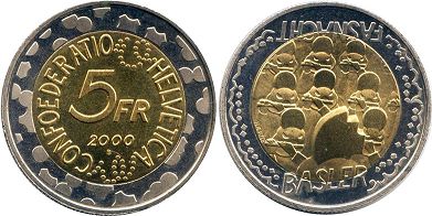 Moneda Suiza 5 franks 2000 Carnaval de Basilea