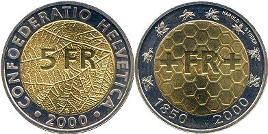 Moneda Suiza 5 franks 2000 Suizo Nationalmünze