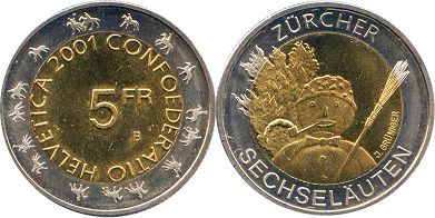 Moneda Suiza 5 franks 2001 Sechseläuten de Zúrich