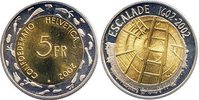 Moneda Suiza 5 franks 2002 Escalade
