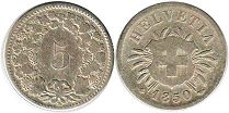 Moneda Suiza 5 rappen 1850 