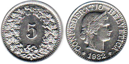 Moneda Suiza 5 rappen 1932 