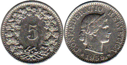 Moneda Suiza 5 rappen 1959 