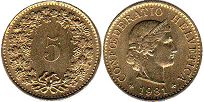 Moneda Suiza 5 rappen 1981 