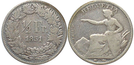 Moneda Suiza 1/2 frank 1851 