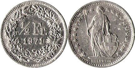 Moneda Suiza 1/2 frank 1971 