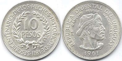 moneda Uruguay 10 pesos 1961 Revolución