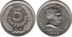 moneda Uruguay 5 centésimos 1953