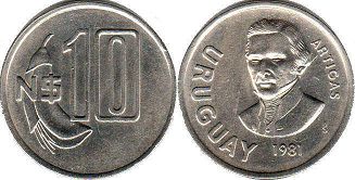 moneda Ururuay 10 new pesos 1981