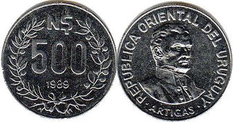moneda Ururuay 500 new pesos 1989