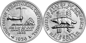 Moneda Estadounidenses 1/2 dólar 1936 WISCONSIN