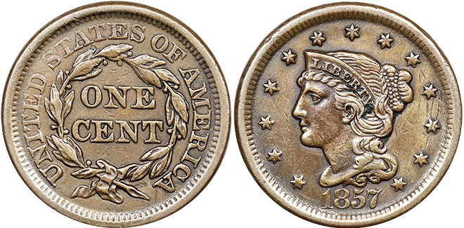 US moneda 1 centavo 1857