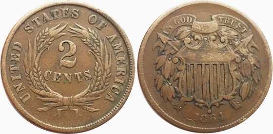 US moneda 2 centavos 1864