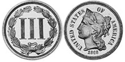 US moneda 3 centavos 1868