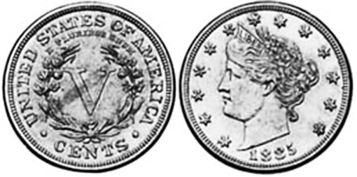 US moneda 5 centavos 1885