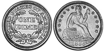 US moneda dime 1855