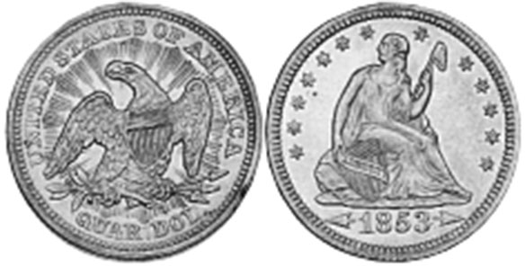 US moneda 1/4 dólar 1853