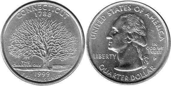 Moneda de EE. UU. Cuarto estatal  1999 Connecticut