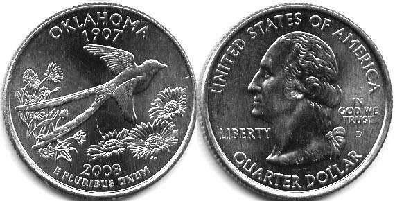 Moneda de EE. UU. Cuarto estatal  2008 Oklahoma