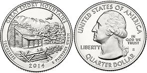 Moneda Estadounidenses Beautiful América 25 centavos 2014 Great Smoky Mountains