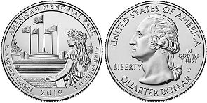 Moneda Estadounidenses Beautiful América 25 centavos 2019 Américan Memorial