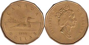 moneda canadiense Elizabeth II 1 dólar 1990 loonie