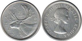 moneda canadiense Elizabeth II 25 centavos 1963 plata