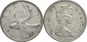 moneda canadiense Elizabeth II 25 centavos 1965 plata