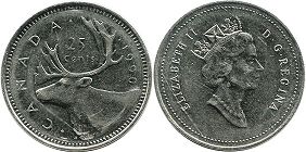moneda canadiense Elizabeth II 25 centavos 1990