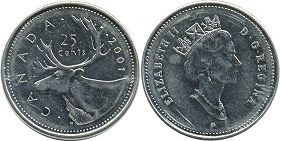 moneda canadiense Elizabeth II 25 centavos 2001