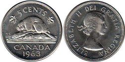 moneda canadiense Elizabeth II 5 centavos 1963