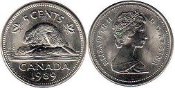 moneda canadiense Elizabeth II 5 centavos 1989