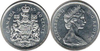 moneda canadiense Elizabeth II 50 centavos 1965 plata
