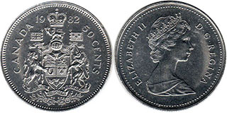 moneda canadiense Elizabeth II 50 centavos 1982