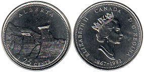 moneda canadiense conmemorativa 25 centavos (quarter) 1992 Alberta