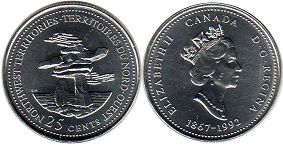 moneda canadiense conmemorativa 25 centavos (quarter) 1992 North West Territories