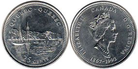moneda canadiense conmemorativa 25 centavos (quarter) 1992 Quebec