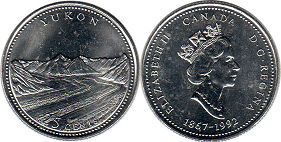moneda canadiense conmemorativa 25 centavos (quarter) 1992 Yukon