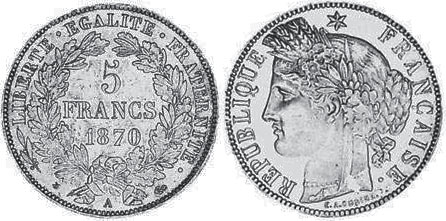 moneda Francia 5 francos 1870
