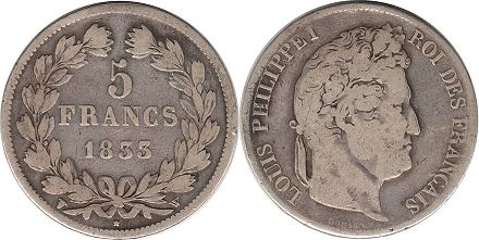 moneda Francia 5 francos 1833